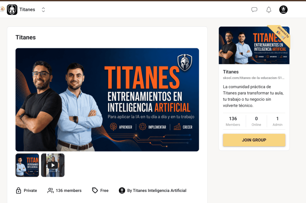 Vista real de la Comunidad Titanes en Skool - 136 miembros activos